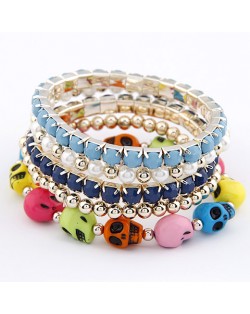 Colorful Skulls Gem and Beads Design Combo Bracelet - Navy with Blue