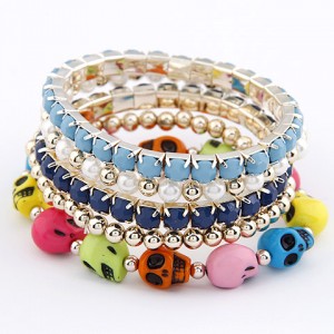 Colorful Skulls Gem and Beads Design Combo Bracelet - Navy with Blue