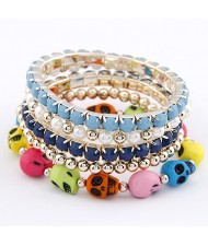 Colorful Skulls Gem and Beads Design Combo Bracelet - Navy with Blue