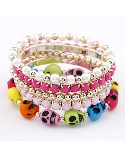 Colorful Skulls Gem and Beads Design Combo Bracelet - Rose with Pink
