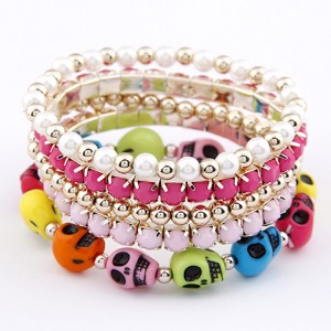 Colorful Skulls Gem and Beads Design Combo Bracelet - Rose with Pink
