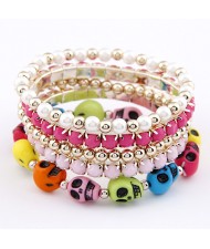 Colorful Skulls Gem and Beads Design Combo Bracelet - Rose with Pink