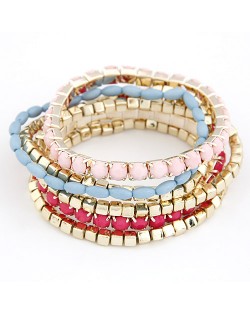 Korean Fair Lady Fashion Assorted Color Beads Combo Bracelet - Pink with Fuchsia