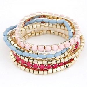 Korean Fair Lady Fashion Assorted Color Beads Combo Bracelet - Pink with Fuchsia