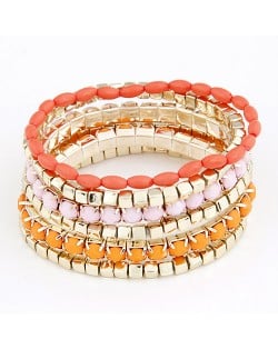 Korean Fair Lady Fashion Assorted Color Beads Combo Bracelet - Pink with Orange