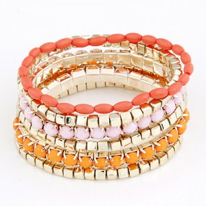 Korean Fair Lady Fashion Assorted Color Beads Combo Bracelet - Pink with Orange