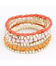 Korean Fair Lady Fashion Assorted Color Beads Combo Bracelet - Pink with Orange