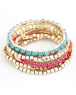 Korean Fair Lady Fashion Assorted Color Beads Combo Bracelet - Blue with Rose