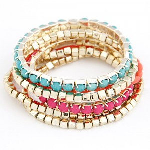 Korean Fair Lady Fashion Assorted Color Beads Combo Bracelet - Blue with Rose