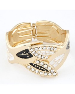 Luxurious Rhinestone Inlaid Willow Leaves Design Golden Bangle - Black