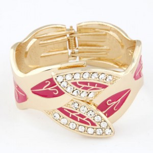 Luxurious Rhinestone Inlaid Willow Leaves Design Golden Bangle - Rose
