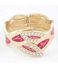 Luxurious Rhinestone Inlaid Willow Leaves Design Golden Bangle - Rose