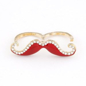 Korean Fashion Rhinestone Inlaid Mustache Bicyclic Ring - Red