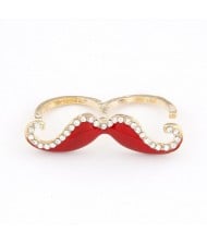 Korean Fashion Rhinestone Inlaid Mustache Bicyclic Ring - Red