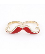 Korean Fashion Rhinestone Inlaid Mustache Bicyclic Ring - Red