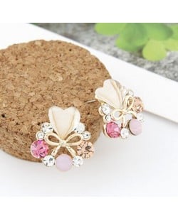 Rhinestone Surrounded Heart Shape and Bowknot Earrings