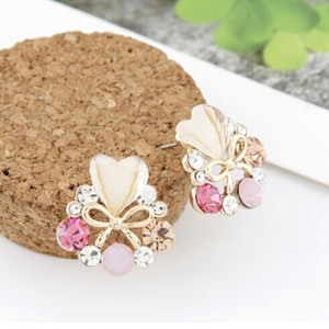 Rhinestone Surrounded Heart Shape and Bowknot Earrings