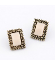 Vintage Studs Rim Design Oblong Gem Earrings - Beige