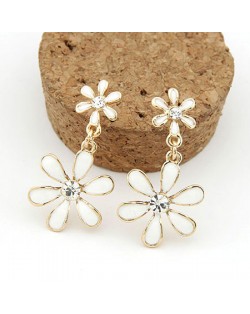 Korean Fashion Sweet Twin Flowers Dangling Earrings - White