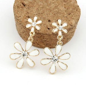 Korean Fashion Sweet Twin Flowers Dangling Earrings - White