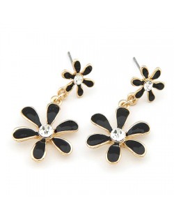 Korean Fashion Sweet Twin Flowers Dangling Earrings - Black