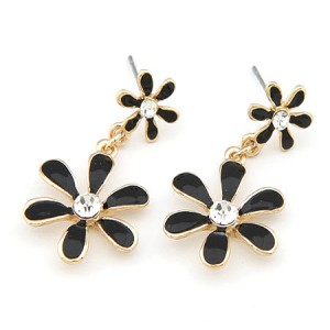 Korean Fashion Sweet Twin Flowers Dangling Earrings - Black