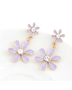 Korean Fashion Sweet Twin Flowers Dangling Earrings - Lavender