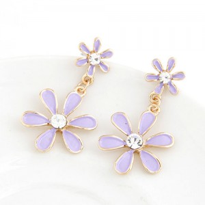 Korean Fashion Sweet Twin Flowers Dangling Earrings - Lavender