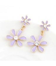 Korean Fashion Sweet Twin Flowers Dangling Earrings - Lavender