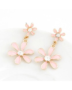 Korean Fashion Sweet Twin Flowers Dangling Earrings - Pink