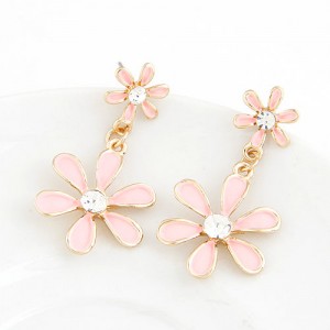 Korean Fashion Sweet Twin Flowers Dangling Earrings - Pink