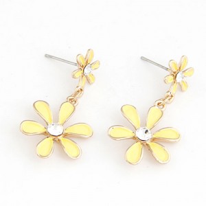 Korean Fashion Sweet Twin Flowers Dangling Earrings - Yellow