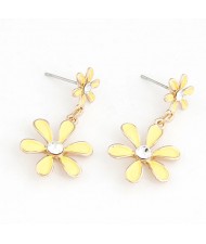 Korean Fashion Sweet Twin Flowers Dangling Earrings - Yellow