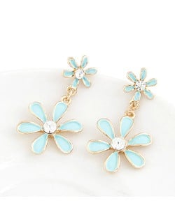 Korean Fashion Sweet Twin Flowers Dangling Earrings - Blue