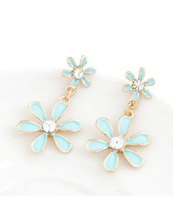 Korean Fashion Sweet Twin Flowers Dangling Earrings - Blue