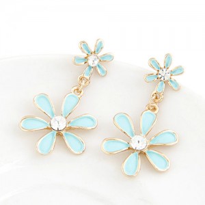 Korean Fashion Sweet Twin Flowers Dangling Earrings - Blue