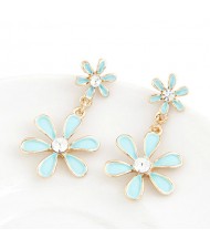Korean Fashion Sweet Twin Flowers Dangling Earrings - Blue
