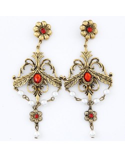 Vintage Red Gems and Pearl Decorated Floral Fashion Dangling Earrings