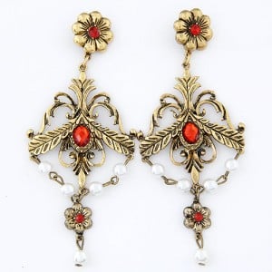 Vintage Red Gems and Pearl Decorated Floral Fashion Dangling Earrings