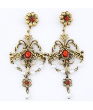 Vintage Red Gems and Pearl Decorated Floral Fashion Dangling Earrings