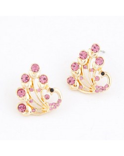 Czech Rhinestone Inlaid Peacock Ear Studs - Pink