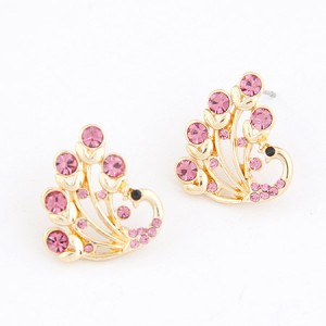 Czech Rhinestone Inlaid Peacock Ear Studs - Pink