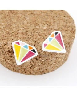 Korean Fashion Colorful Diamonds Shape Ear Studs - White