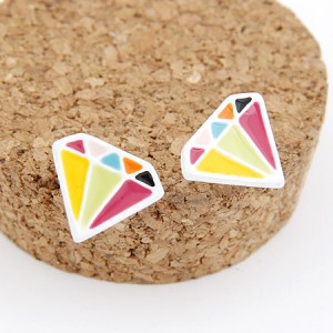 Korean Fashion Colorful Diamonds Shape Ear Studs - White