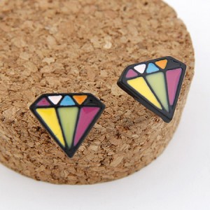 Korean Fashion Colorful Diamonds Shape Ear Studs - Black
