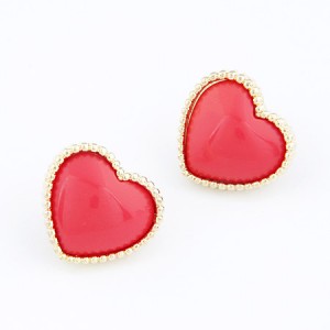 Korean Fashion Golden Rim Heart Shape Ear Studs - Red