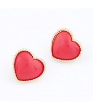 Korean Fashion Golden Rim Heart Shape Ear Studs - Red