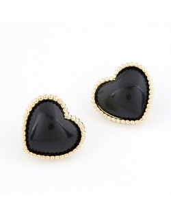 Korean Fashion Golden Rim Heart Shape Ear Studs - Black