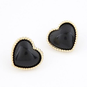 Korean Fashion Golden Rim Heart Shape Ear Studs - Black