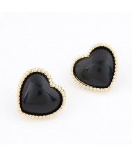 Korean Fashion Golden Rim Heart Shape Ear Studs - Black